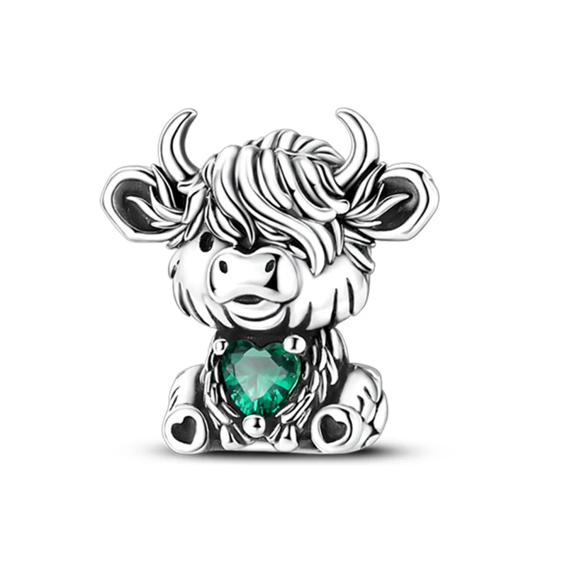 

New 925 Sterling Silver Highland Bull Holding Heart Charms Bead Fit Original Bracelet DIY Women Birthday Jewelry Gift