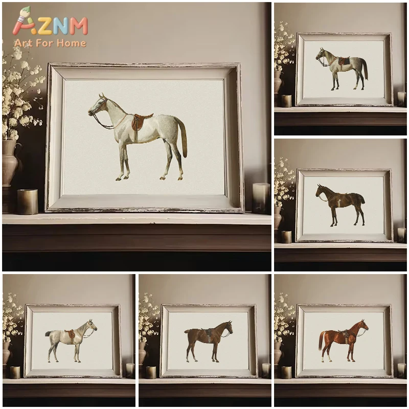 AZNM Vintage Equestrian Horse Canvas Wall Art, Antique Equine Portrait Print, Frameless Rustic Farmhouse Horse Canvas Painting f