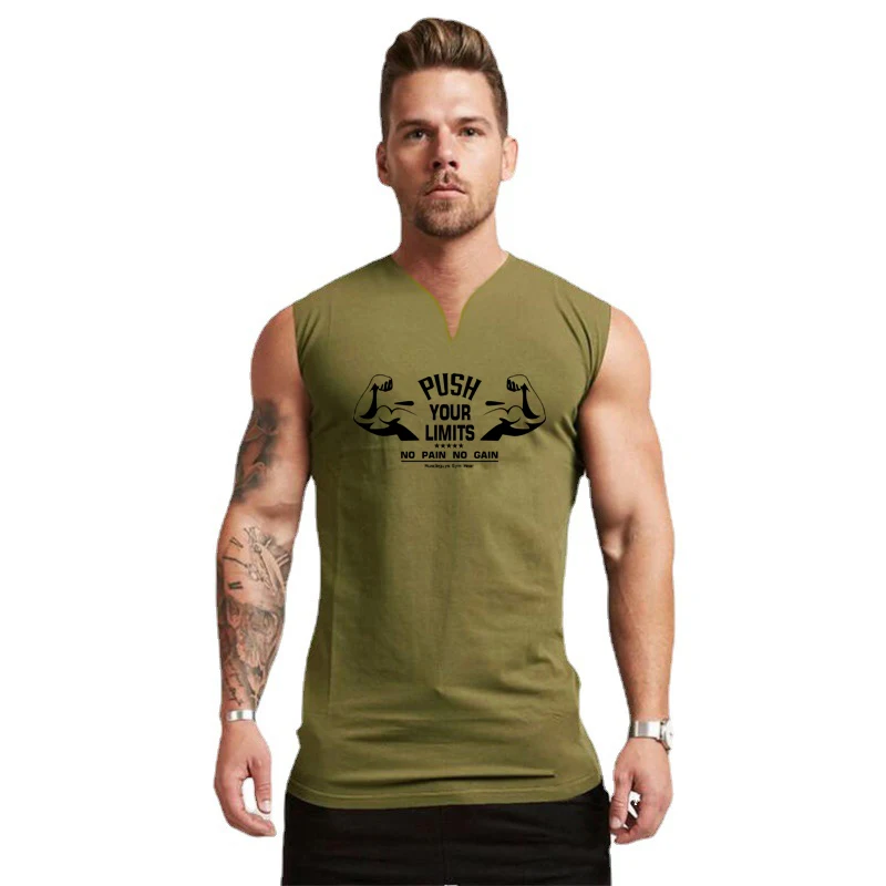 Sleeveless Running Shirt Cotton V Neck Gym Muscle Tank Tops Breathable Athletic Training Tee Bodybuilding Sportswear Summer Mens
