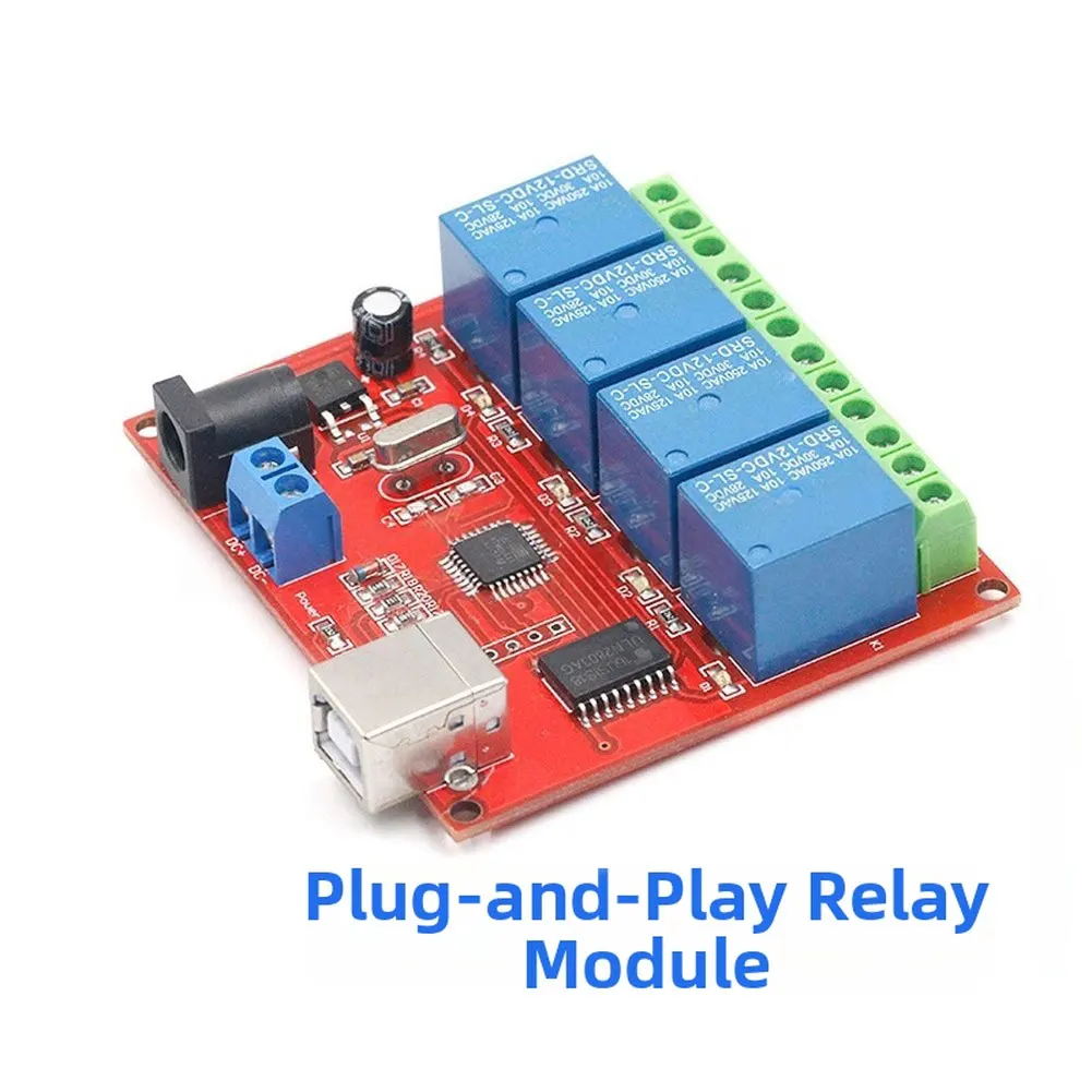 

USB-управляемое 4-канальное релейное устройство для систем автоматизации, размер печатной платы 71,6 x 65,3 мм, драйвер ULN2803 для стабильного вывода сигналов