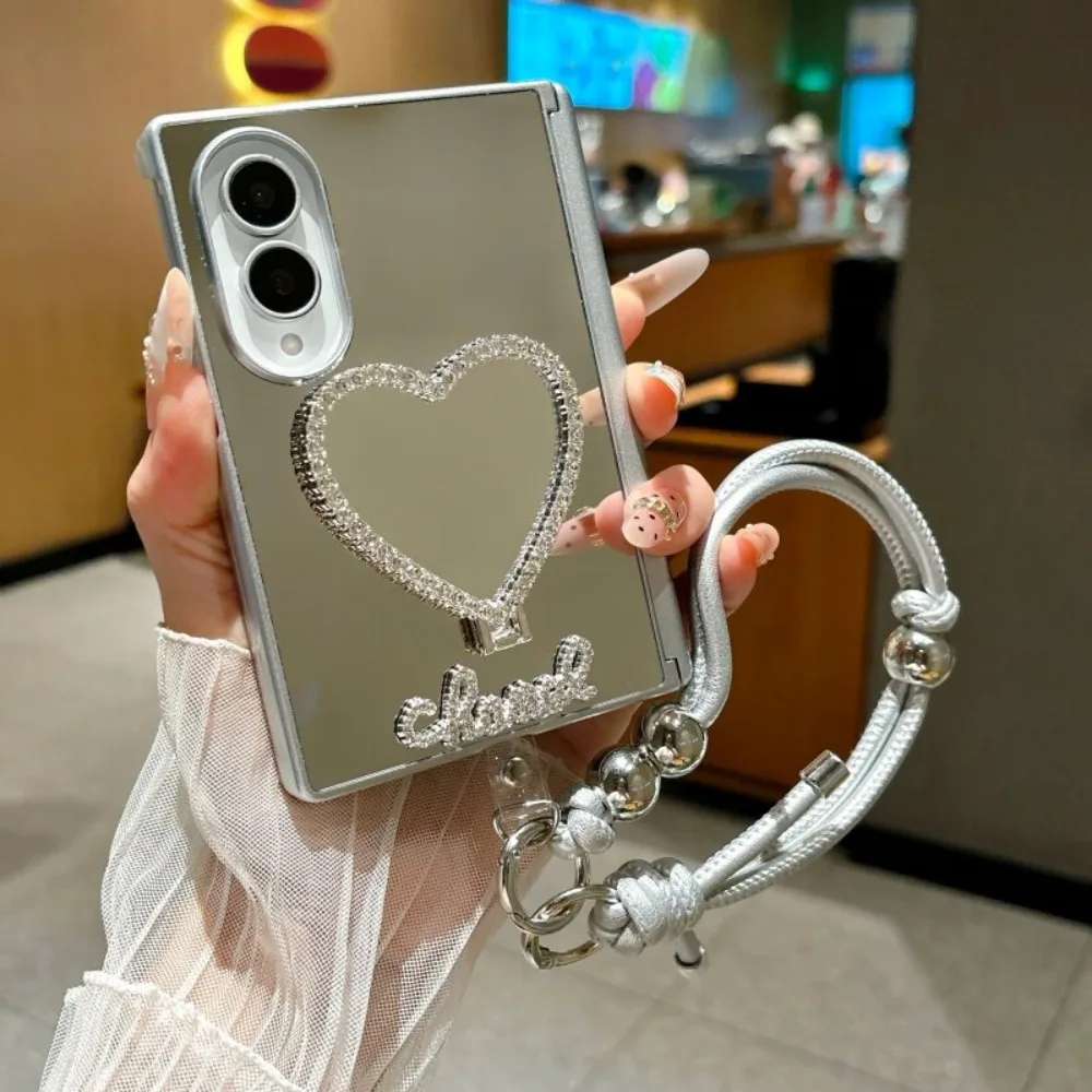 For Samsung Galaxy Z Fold 8 Ultra with Strap Case Full Coverage Luxury Mirror Heart Foldable Shockproof Anti‑Fingerprint Cover
