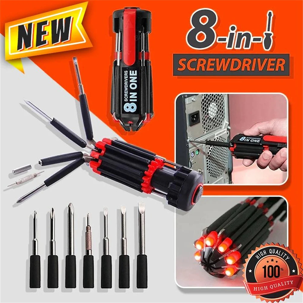 8 In 1 Slotted Phillips Screwdriver With LED Light Pocket Screwdriver Kit Multi-function Precision Mobile Phone Repair Hand Tool