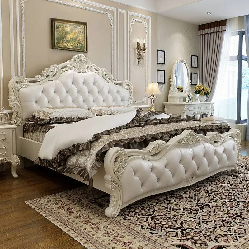 

Modern European Double Bed White Villa Glamorous Wood Luxury Twin Bed Frame Headboard Design Cama Box Casal Furniture Home