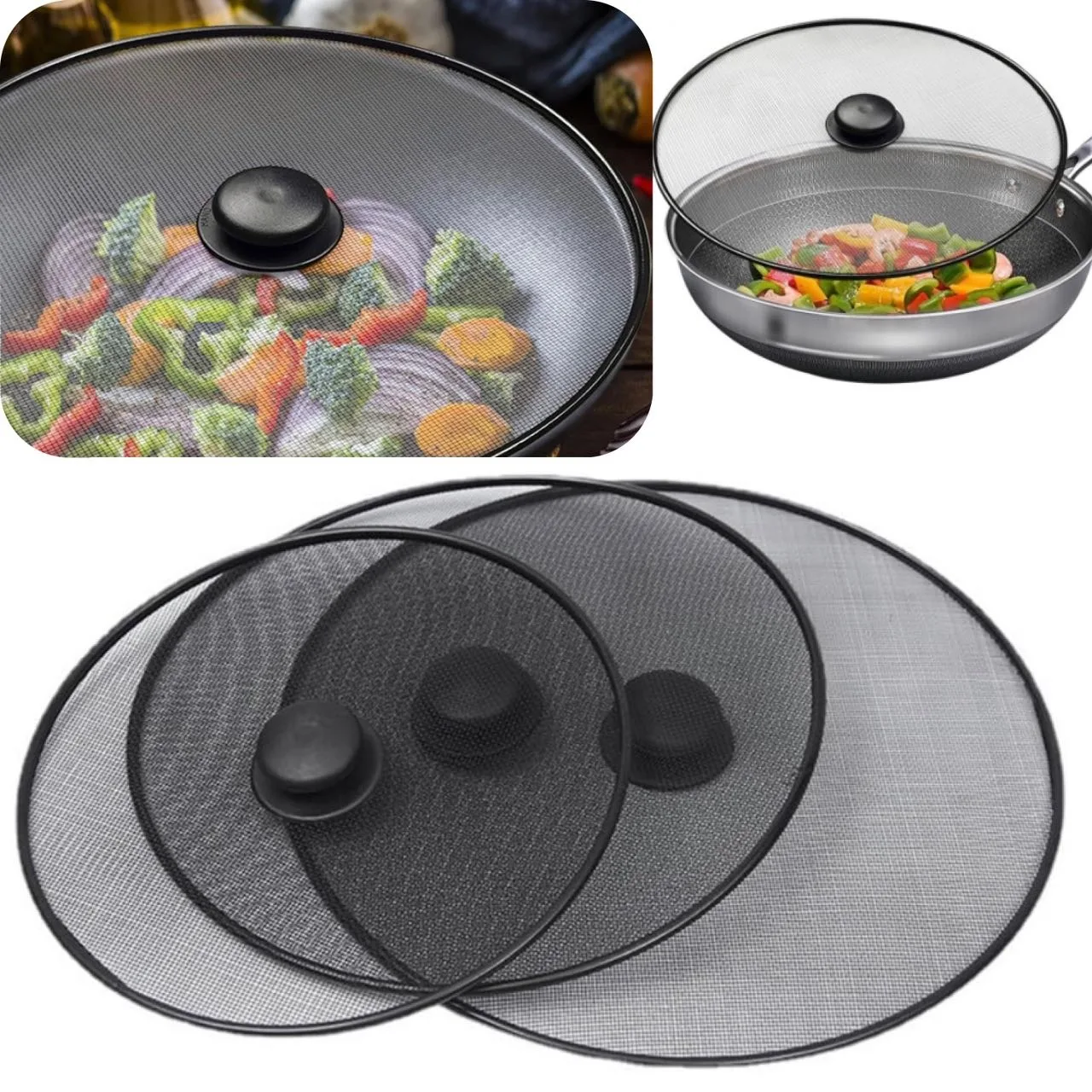 

1PC 29/33cm Oil Splash Proof Mesh Cover Black Grease Splatter Screen Frying Pan Lid Home Spill Proof Mesh Cover Kitchen Tools