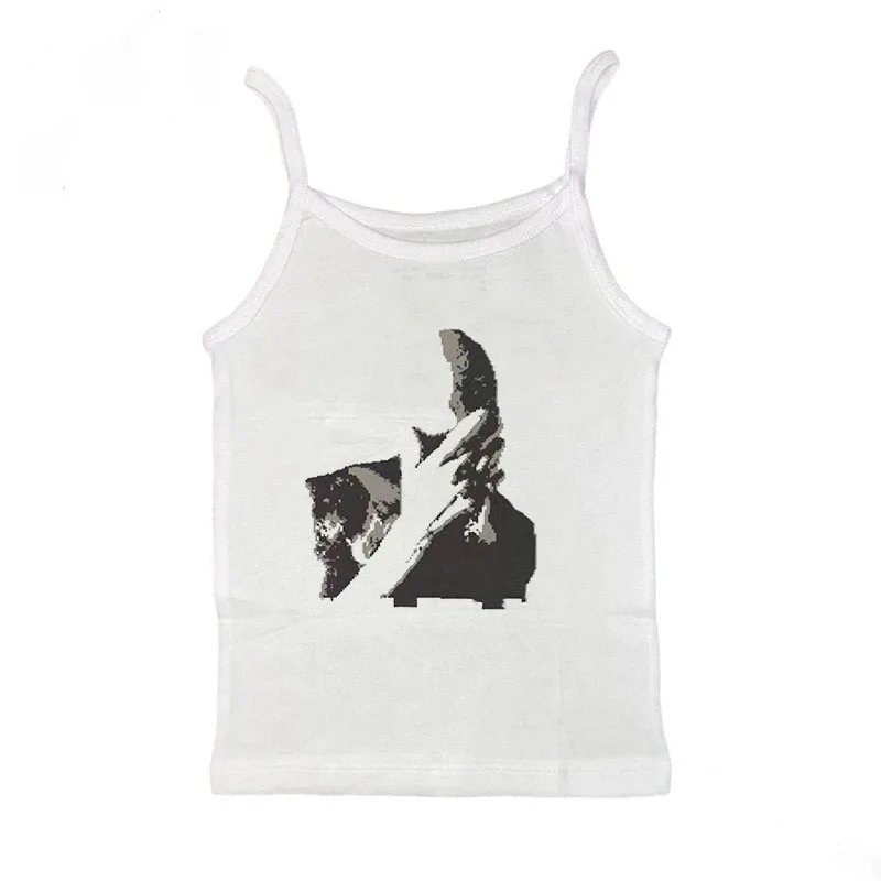 Sexy White Crop Tops Y2k Cover One's Face Portrait Print Graphic Vest Summer New 2000s Women Fashion Street Sleeveless Tank Top