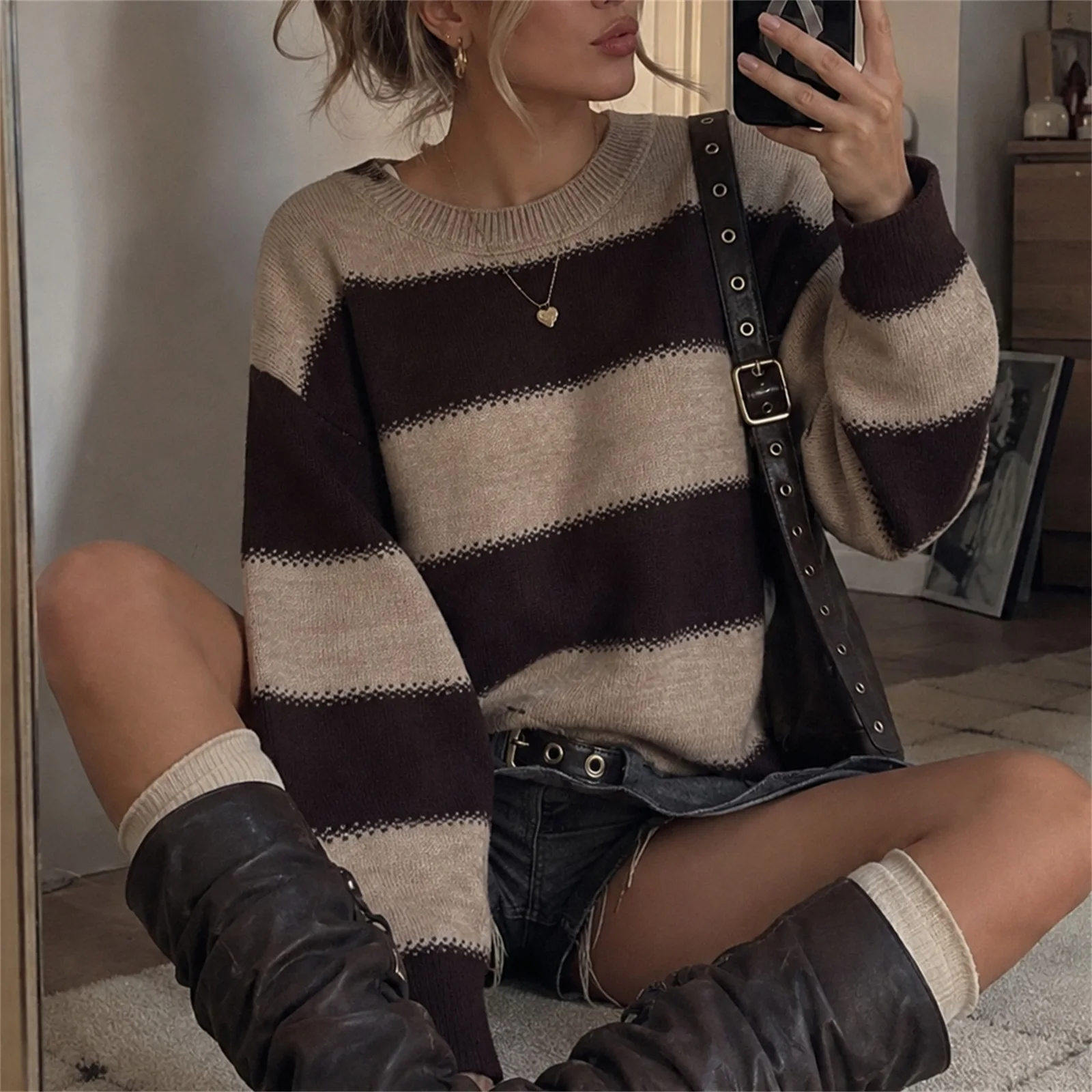 Women's Knit Sweaters Long Sleeve Round Neck Contrast Color Pullovers
