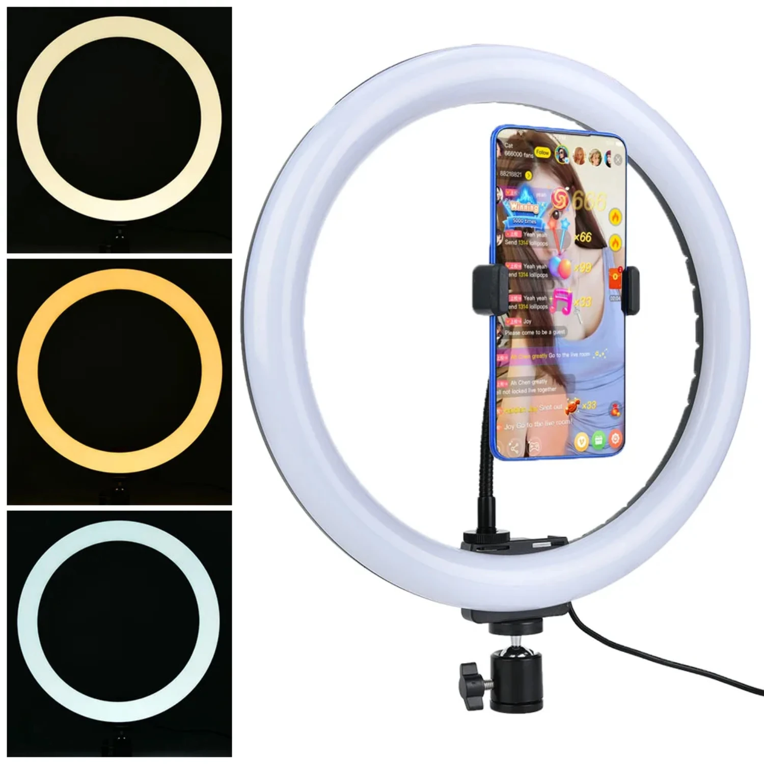 TPD668 12W 12 Inch 160LED Dimmable Ring Light 3200K-5600K  Makeup with Ball  Phone Clip