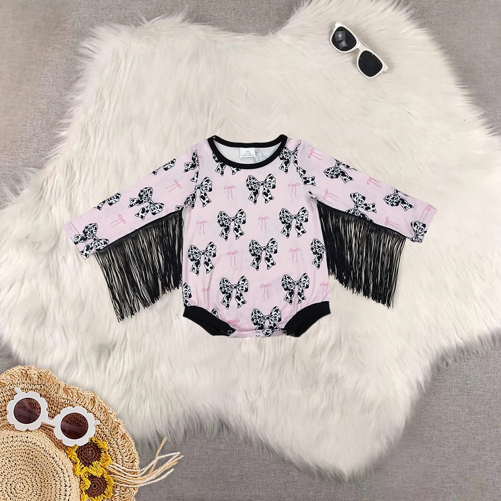 

8.22 Baby Winter Rompers Baby Infant Girls Pink Cow Bows Western Tassel Rompers