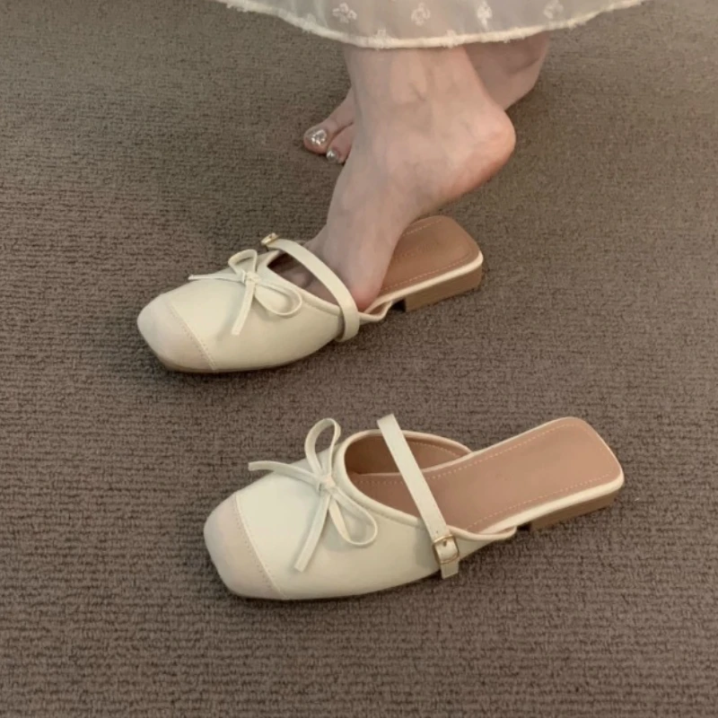 

Bow Women Flats Square Toe Mules Shoes New Fashion Slippers Summer Sandals Designer 2025 Trend Slingback Woman Flip Flops Mujer