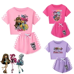 New Summer Monster High Clothes Cartoon Doll Frankie Stein Costume Girls Short Sleeve T Shirt+Shorts Set Kawaii Kids Pajamas Set