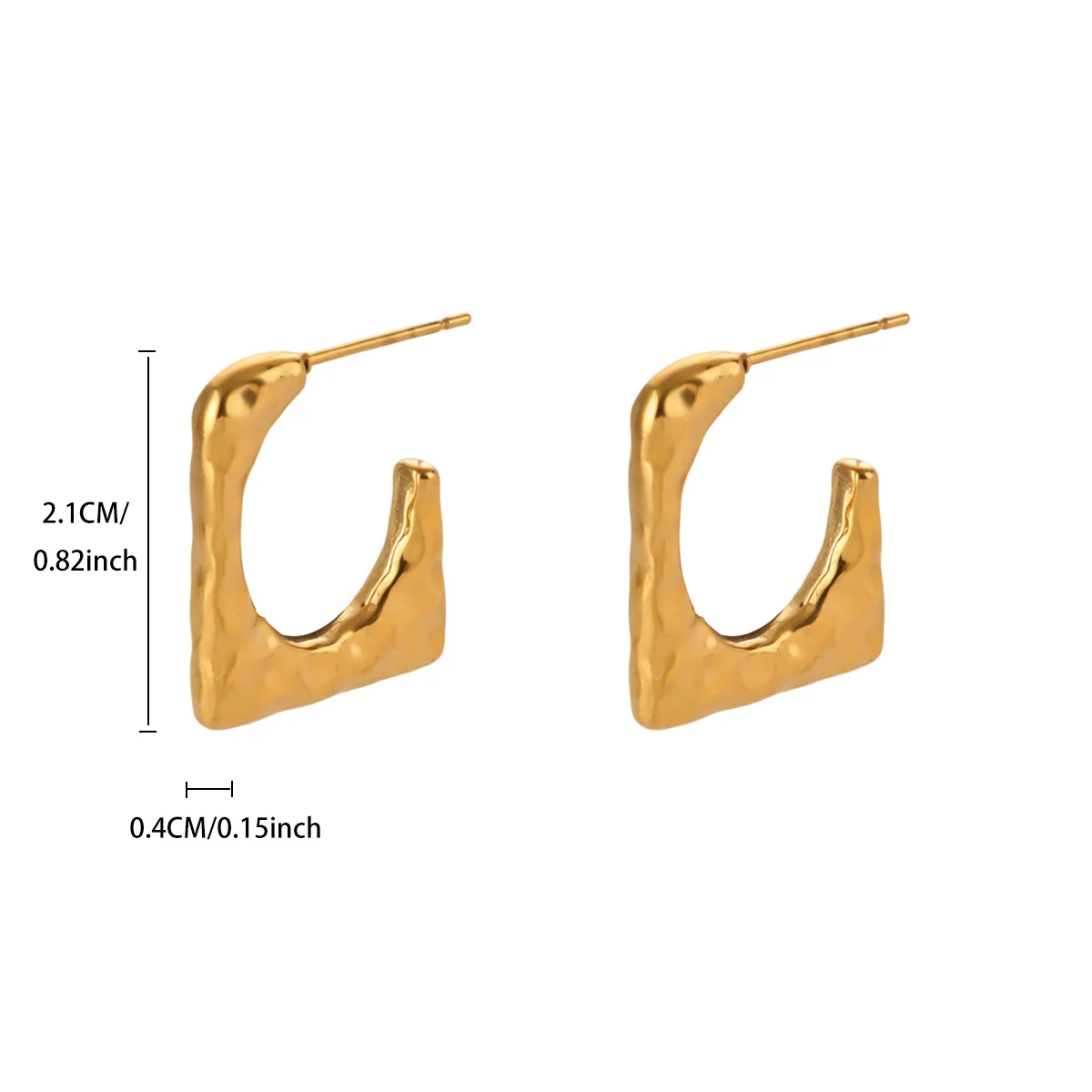 Vintage Goldfarbene Edelstahl-Creolen, gehämmerte geometrische quadratische plissierte klobige Croissant-Ohrringe, Damenschmuck – Detail 5