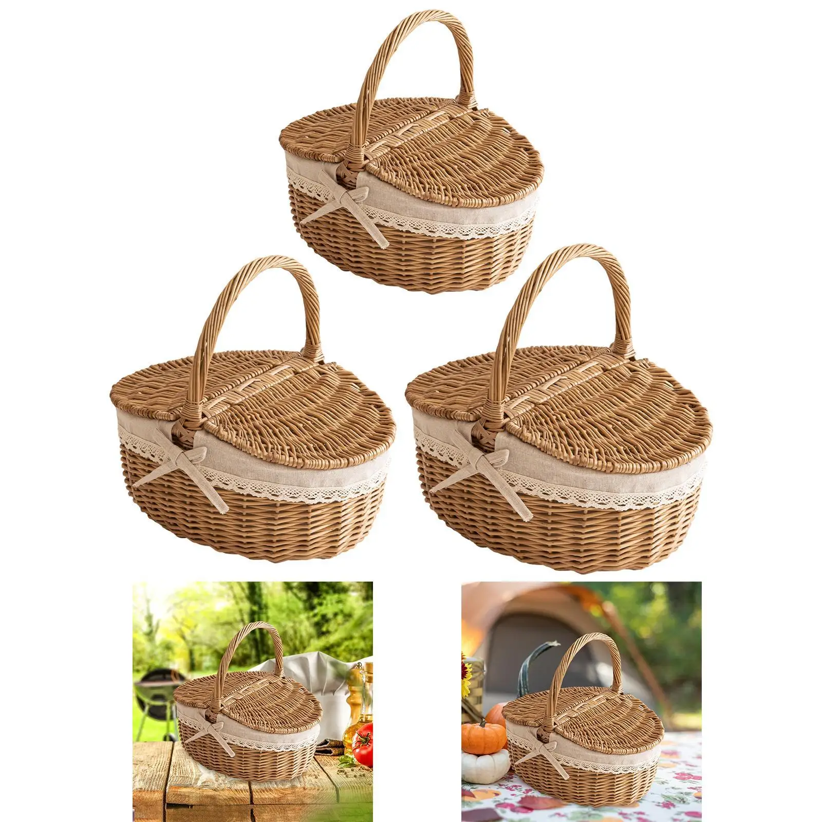 Picnic Hamper with Lid Natural Color Rattan Woven Basket for Outdoor Events Storage and Children’s Toys Organization