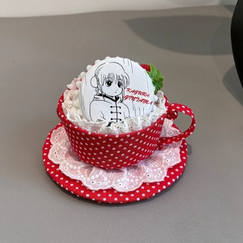 Handmade Cute Teacup Pins Holder Sweet Lace with Strawberry Chocolate Decoration Kawaii Anime Badge Display Base Fashion Gifts