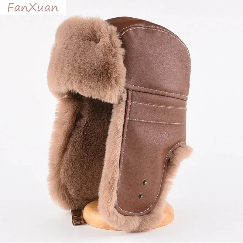 Faux Fur Leather Bomber Hats with Earflaps Trapper Winter Aviator Hat for Men Women Thick Warm Ski Cap Russian Ushanka