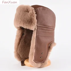 Faux Fur Leather Bomber Hats with Earflaps Trapper Winter Aviator Hat for Men Women Thick Warm Ski Cap Russian Ushanka