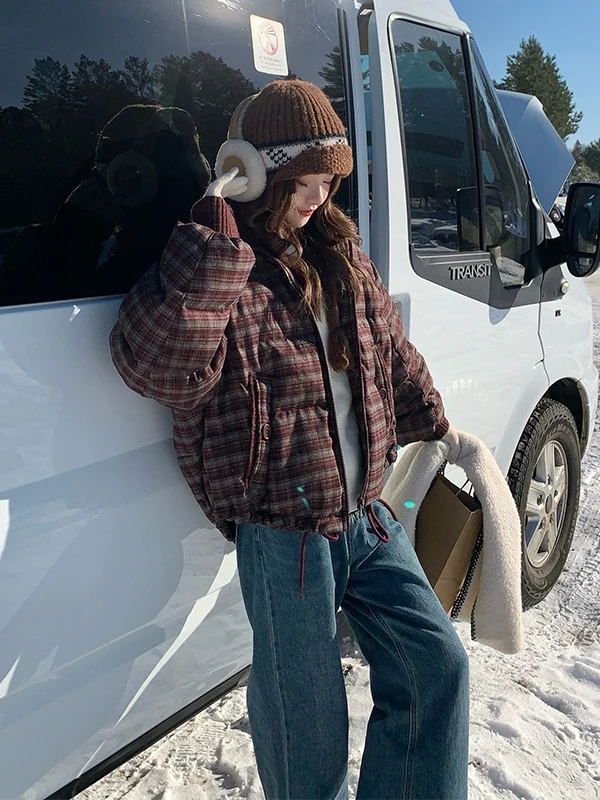 레드 니트 체크 다운 재킷 여성용 레트로 디자인 겨울 따뜻한 두꺼운 아우터웨어 캐주얼 루즈핏 화이트 다운