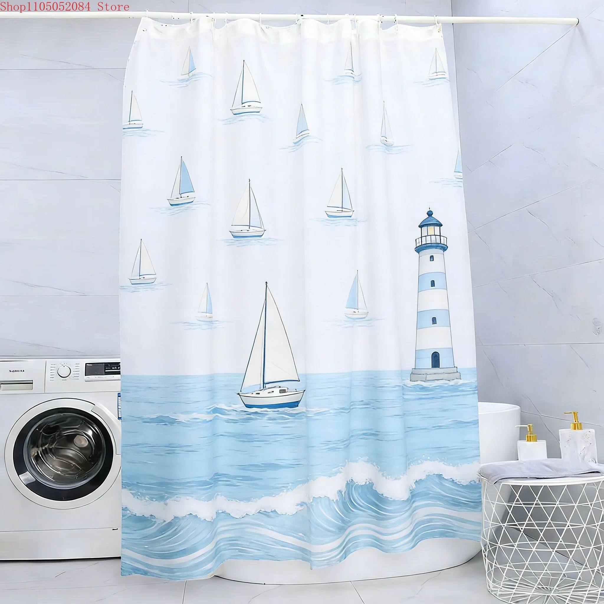 Coastal Sailboat & Lighthouse Ocean Wave Waterproof Shower Curtain