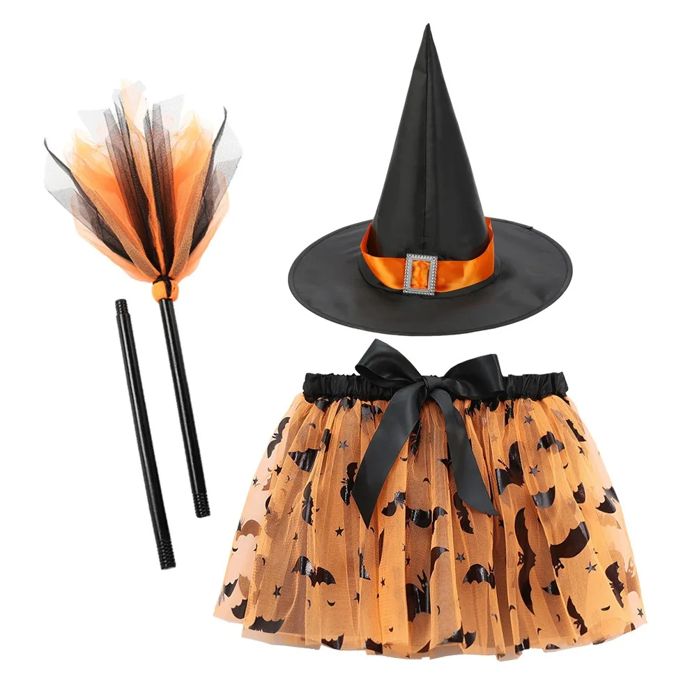 3Pcs/set Wizard Childern Halloween Costumes Pointy Hat Broom Witch Dress Set Bright Color Costume Cosplay Props