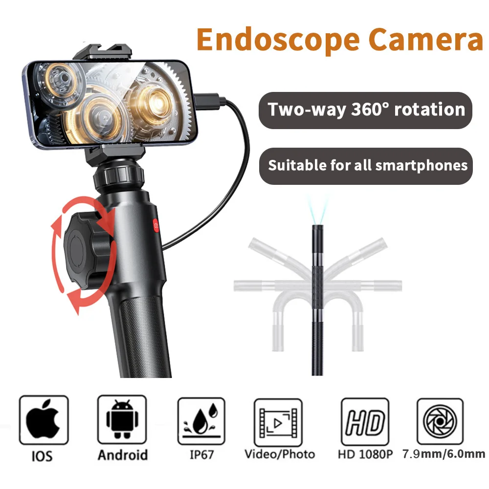 Ralcam 7.9/6.0mm 2-Way  Rotary 360° Industrial Piping Endoscope Camera for Smartphone Type-C Android IOS Apple Endoscopic Camera