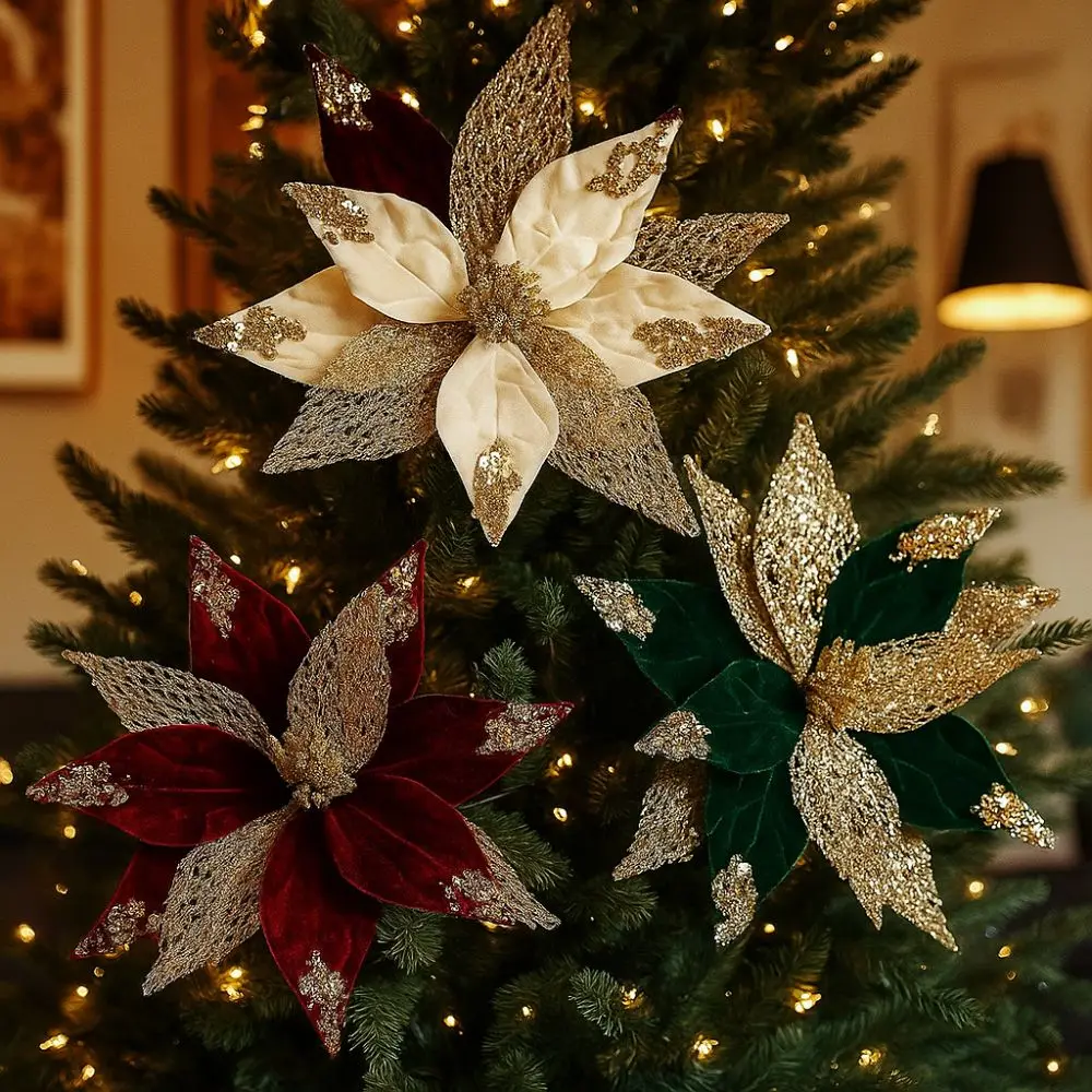 29cm Artificial Christmas Flower Velvet Simulation Christmas Tree Wreath Handmade Realistic Xmas Tree Ornaments Xmas Party