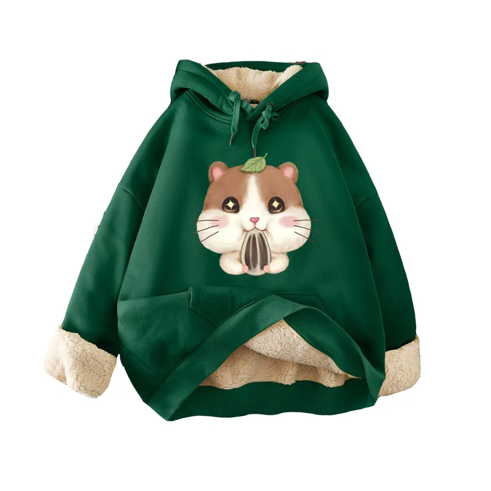 Lamb Wool Sweatshirt Women Velvet Female Pullover Autumn Winter Cartoon Nut Squirrel Student Hoodies With Cap Warm Hooded Coat