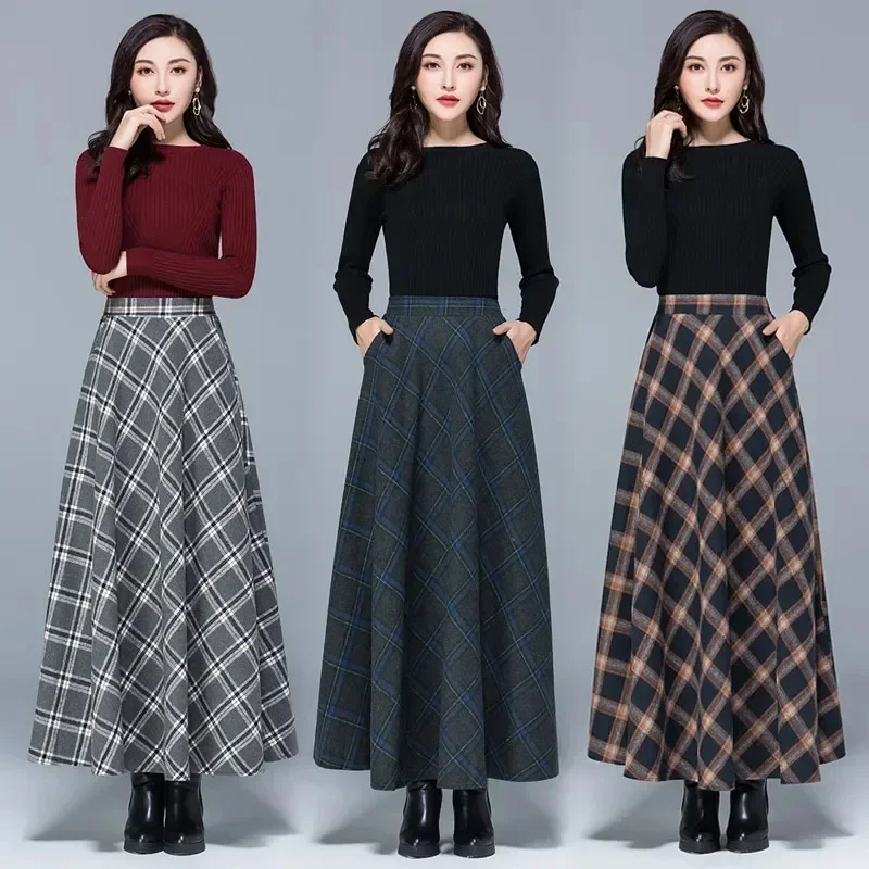 

Fashion Thickening Woolen Plaid Skirt Winter Elastic A-line High Waist Plus Size Long Skirts for Women Elegant Warm Skirt P604