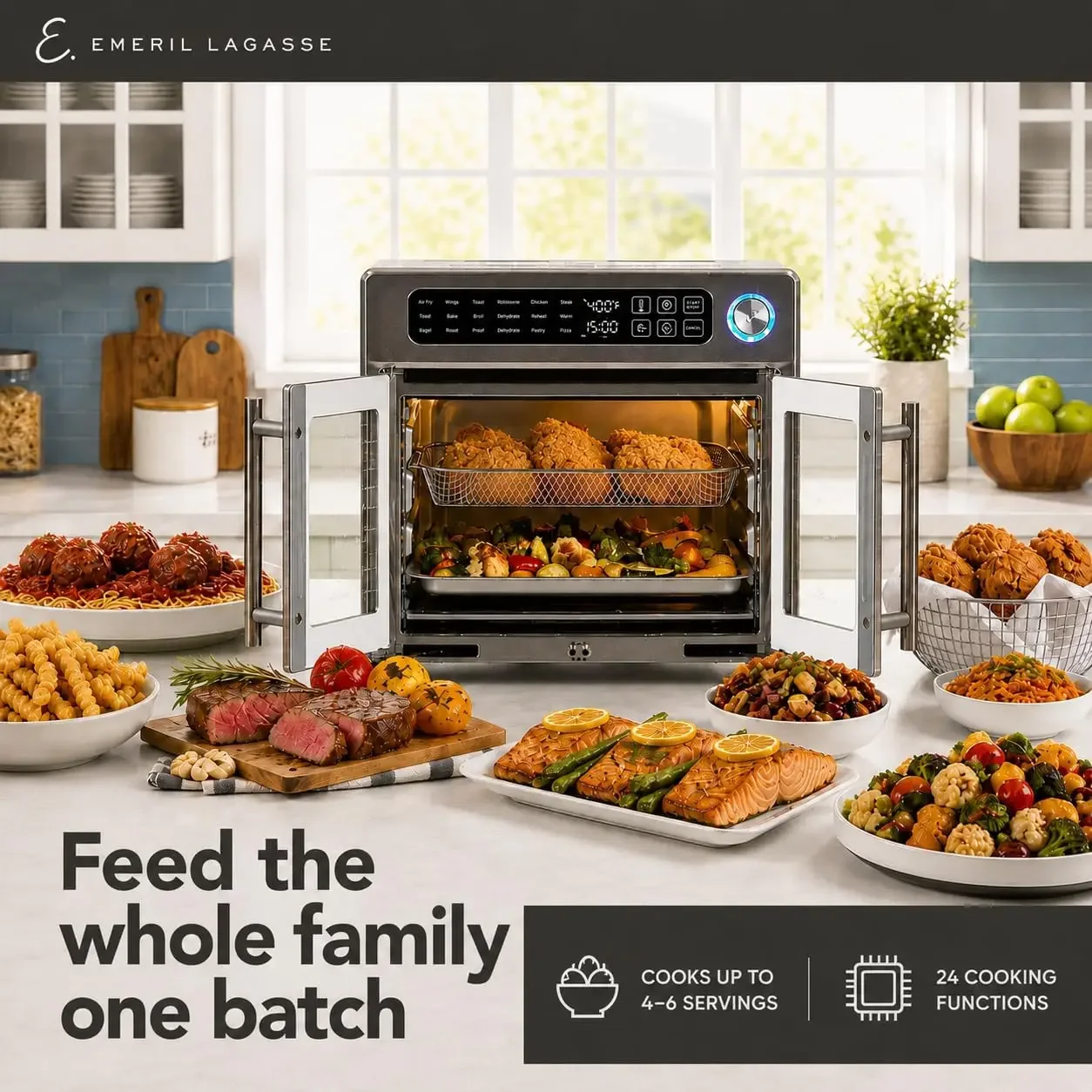 Lagasse 26QT French Door Multi-Function Air Fryer Toaster Oven | 26QT air fryer oven with French doors, 24 cooking functions