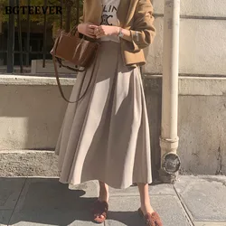BGTEEVER Spring Summer Loose Pockets Female A-line Skirts Casual High Waist Mid-Length Pleated Skirts for Women