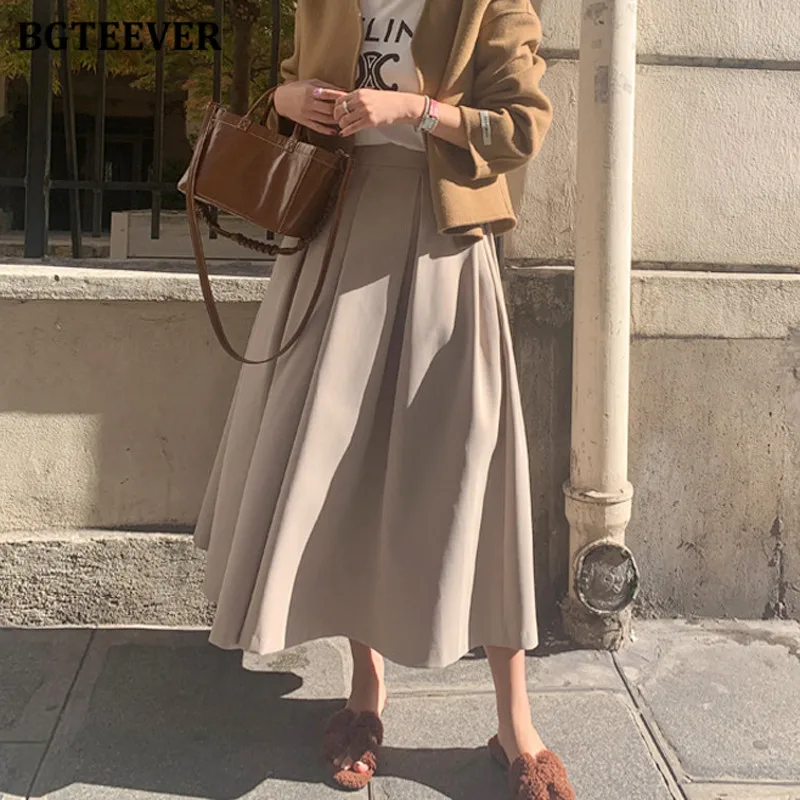 BGTEEVER Spring Summer  Loose Pockets Female A-line Skirts Casual High Waist Mid-Length Pleated Skirts for Women