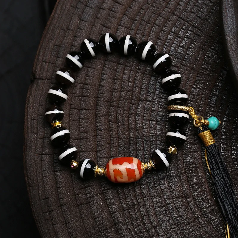 

Old Asia Inlaid Enameled Single Circle Sheep'S Eye Dzi Green Tara Accessory Buddhist Bead Bracelet