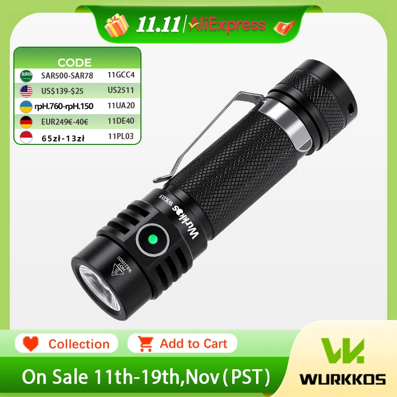 Wurkkos WK03 مصباح ليد جيب صغير جيب شحن مصباح يدوي مع مؤشر تقديم عالي اللون SST40 LED للتخييم