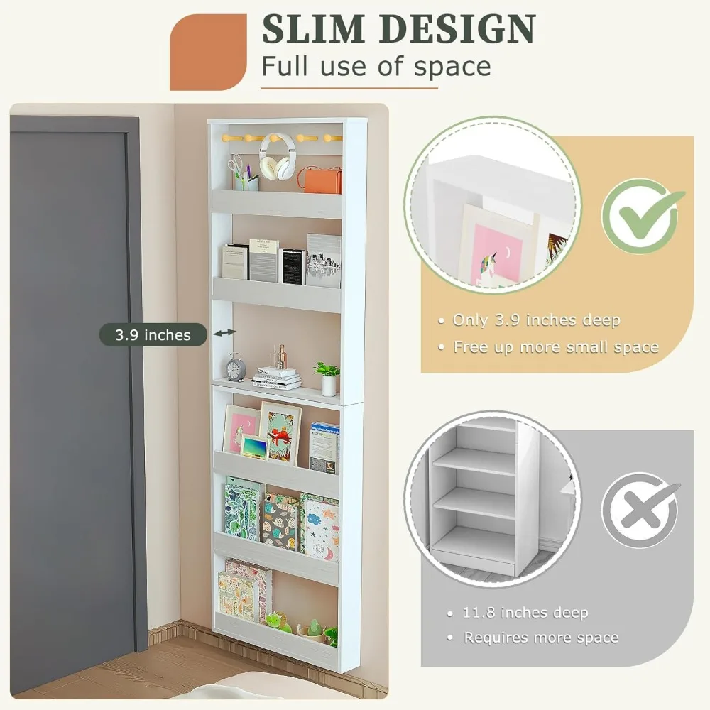 رف عائم قابل للتعديل مكون من 6 طبقات مع قضبان حماية وخطافات، تصميم وحدات قابل للتكديس لتوفير المساحة خلف تخزين الباب