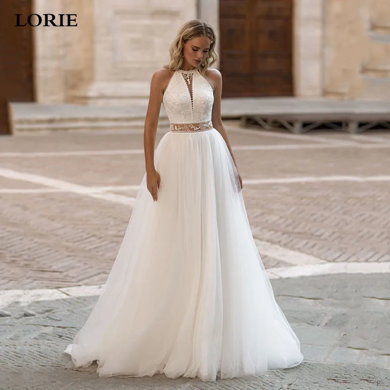 

LORIE Sleeveless Lace Wedding Dresses A Line Puff Tulle Bridal Gowns Floor Length Vintage Appliques Country Wedding Gown