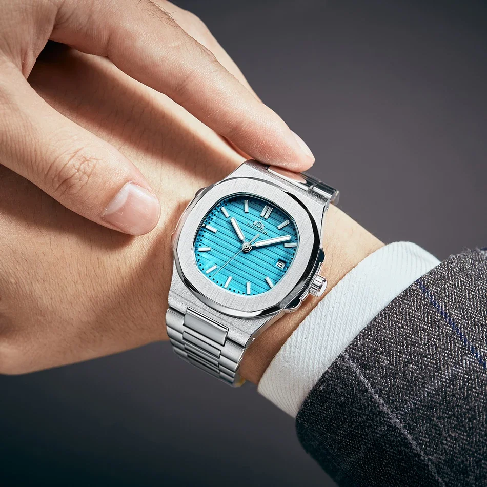 Orologi automatici da uomo meccanici a carica automatica luminosi in acciaio inossidabile blu grigio caffè semplice business