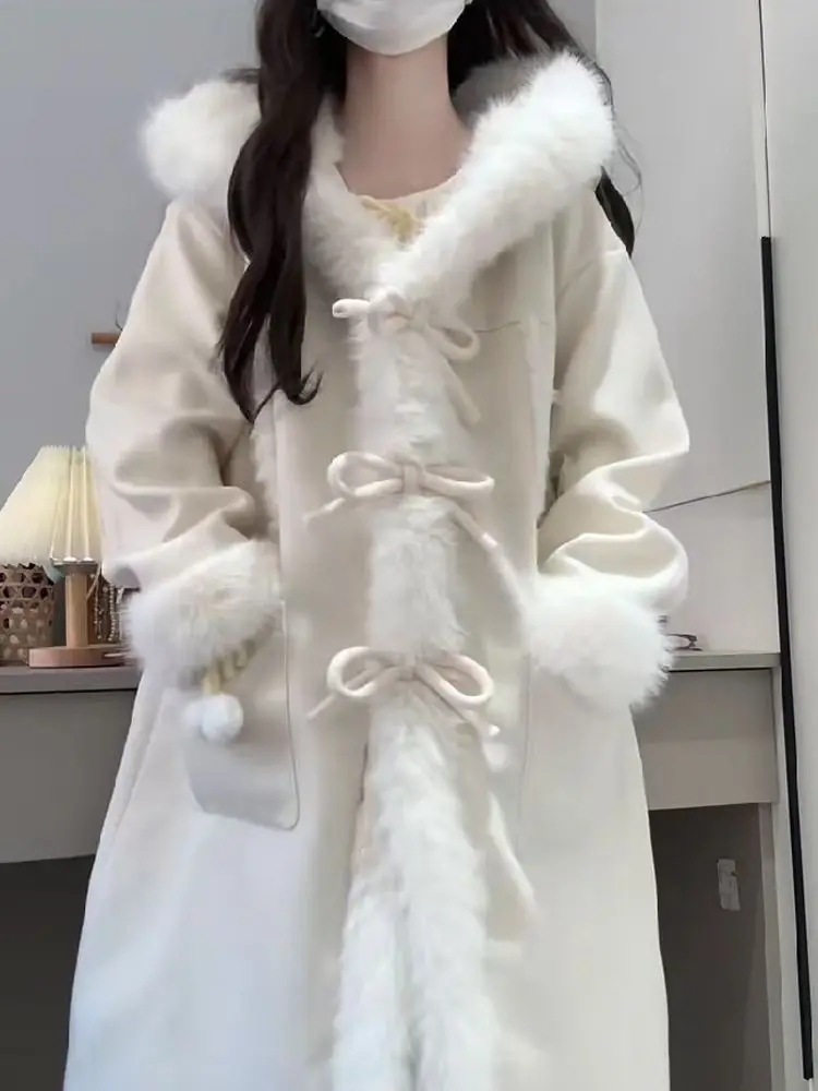 

Japanese Elegant Fur Collar Coat Women Sweet Preppy Style Bow Mid Length Overcoat Female Winter 2025 Warm Casual Long Jackets
