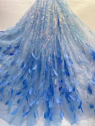 High quality Shiny Embroidery Sequins Feather African Lace Fabric for Dress Wedding Party Sewing Wide 125cm Sold By The Yard