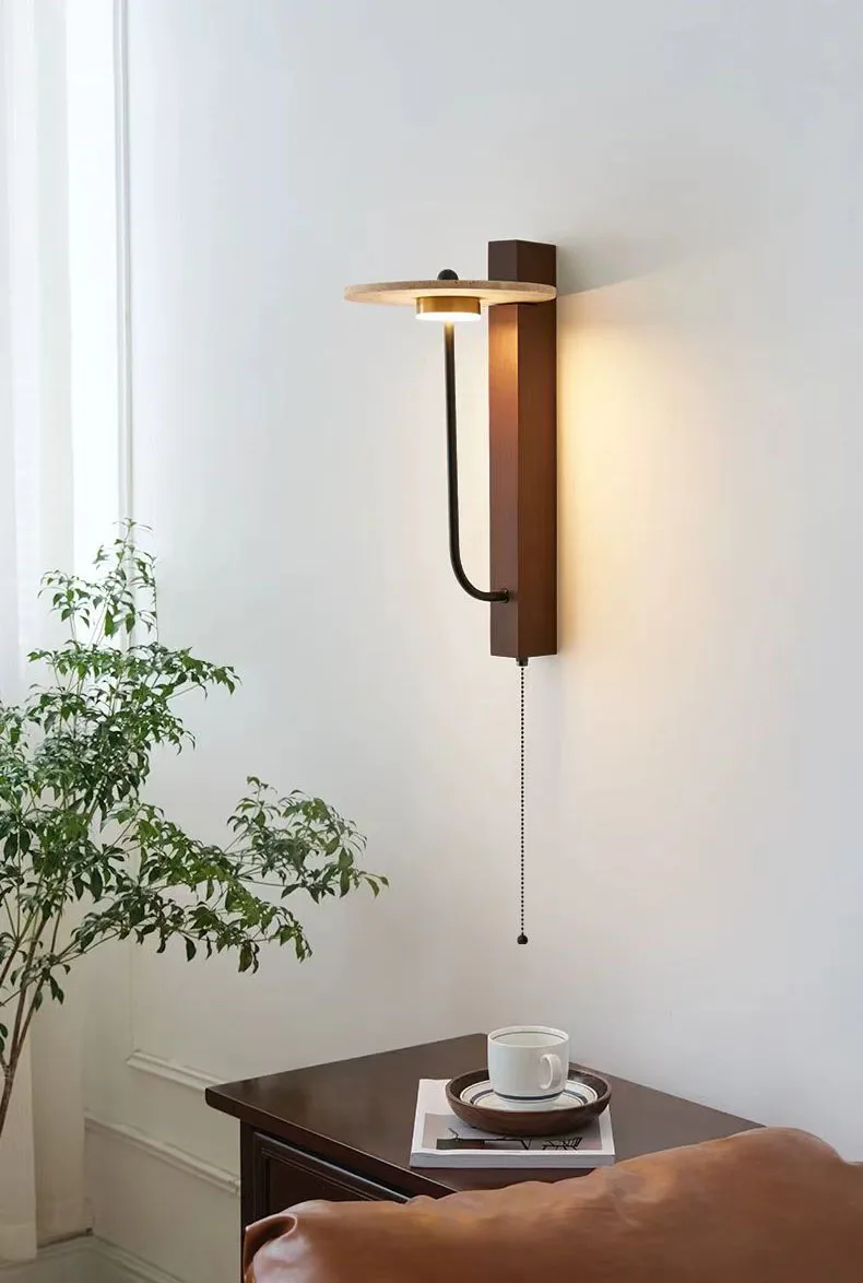Creative Round Natural Stone Wall Light Dark Wood 3000K