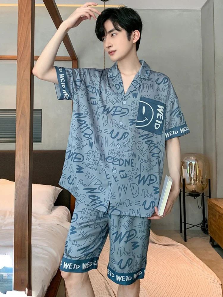 Summer Silks Sleepwear Men Pajama Sets Short Sleeve Cardigan Shorts Loungewear Pajamas Print High-end Men's Clothing Thin New