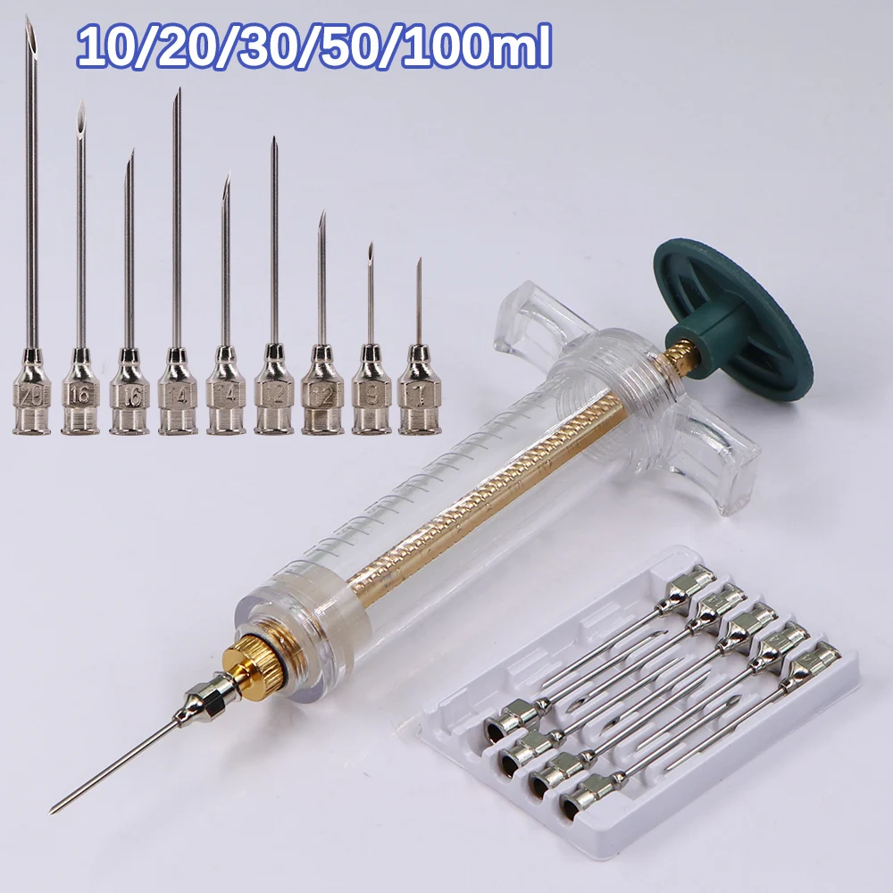 Jeringa de dosis ajustable de 10/20/30/50/100ml, inyección de vacuna, aguja de acero inoxidable 304, cabezal de alfiler, herramienta veterinaria, granja, ganado