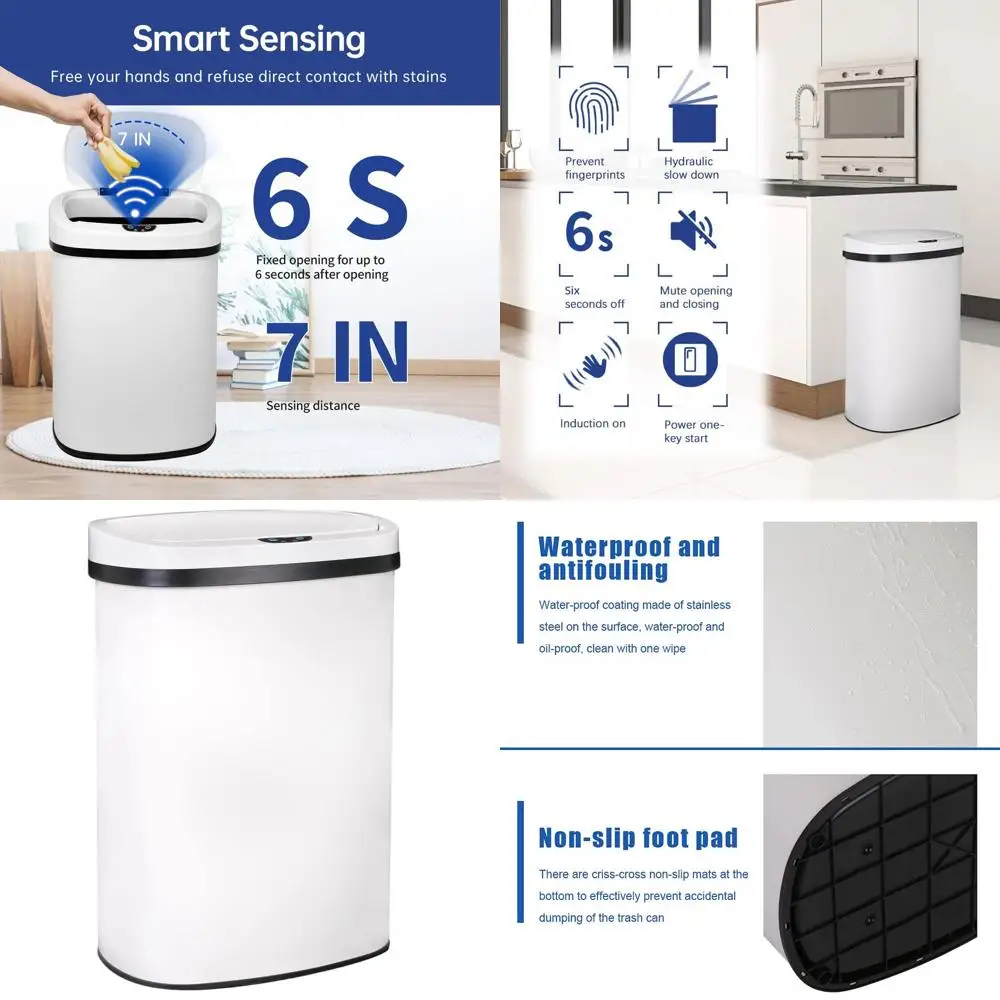 

Automatic Sensor Touch Stainless Steel Trash Can, 13 Gallon, White for Kitchen, Bathroom, and Bedroom Waste