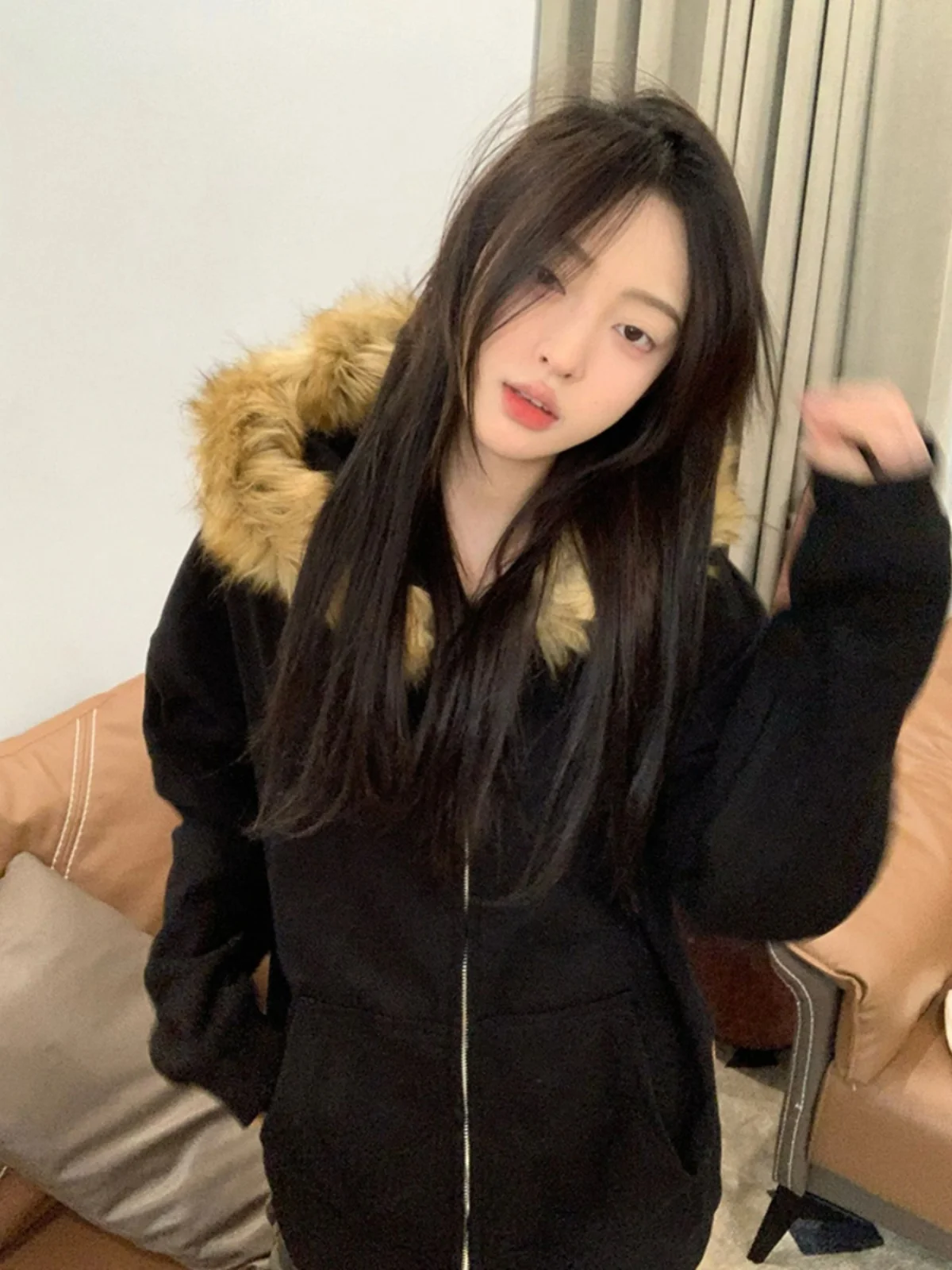 Bla Hooded Jaet Women's Spring Autumn Thin Fur Collar American Retro Open Cardigan Top Street Sle Long Sve Zipper