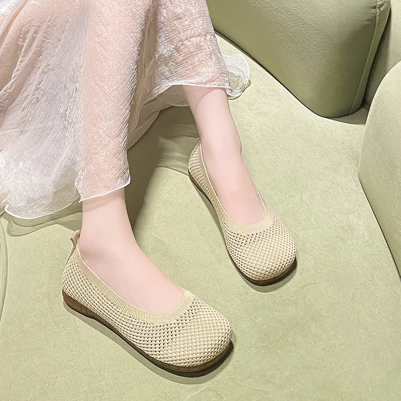 2024 Spring and Autumn New Women's Shoes Fashion Mesh Breathable Solid Color Round Toe Shallow Mouth Slip-on Women's Flat Shoes