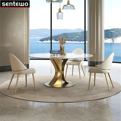 Designer Luxury Round Dinning Marble Rock Slab Dining Table Set 4 6 Chairs Mesa Posta Furniture Meuble Stainless Steel Gold Base