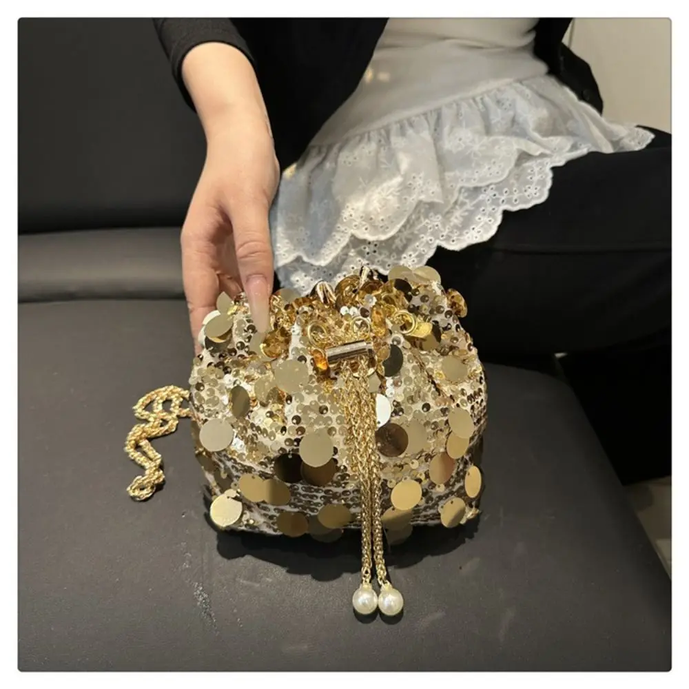 

Retro Shiny Evening Banquet Bag Blingbling Glitter Sequin Shoulder Bag Metal Chain Small Purse Tassel Crossbody Bag Party