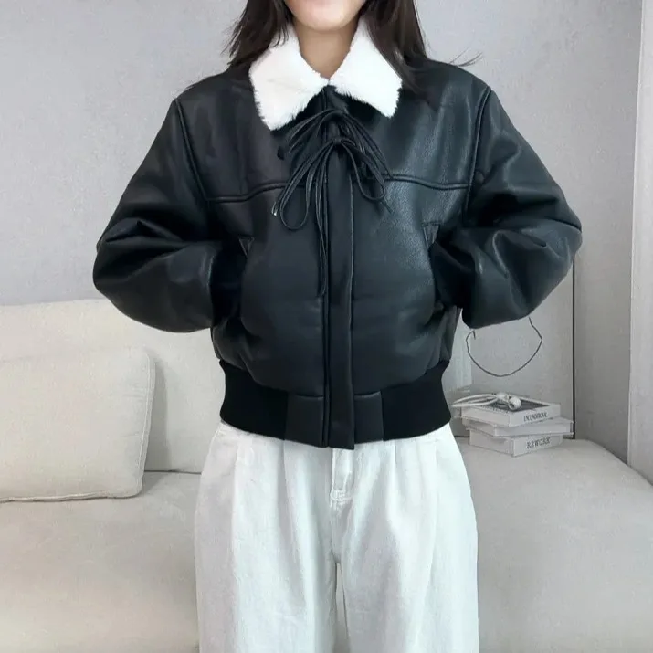 Women's Chic Thiened Fce Lined Leather Jaet Biker Sle All in One Fur Coat Long Sve Regular Length Bla Top