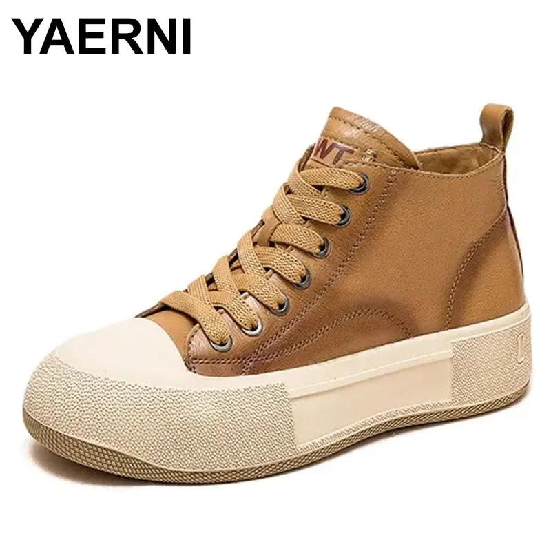 

Spring Autum High Top Women Sneakers Genuine Leather Lace-Up Casual Shoes Handmade Concise Platform Sneakers