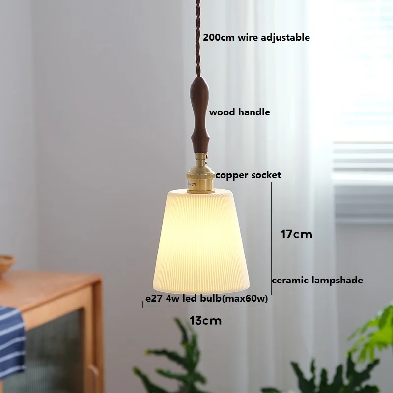 IWHD Stripe Ceramic LED Pendant Lights Fixtures Wood Handle Copper Socket Home Decor Bedroom Living Room Beside Lamp Hanglamp