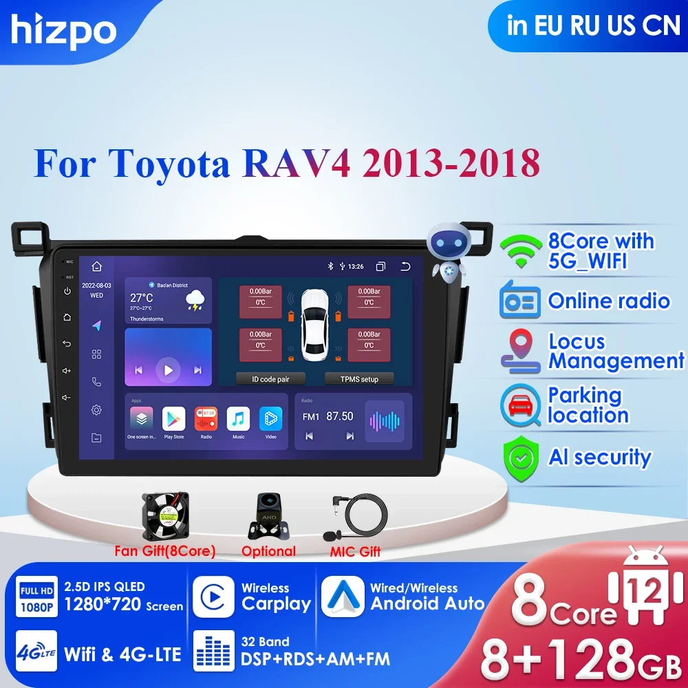 

9" Android 12 Car Radio for Toyota RAV4 Rav 4 2013-2018 Multimedia Player 2Din Carplay DSP Navigation GPS 4G-LTE WIFI Stereo RDS