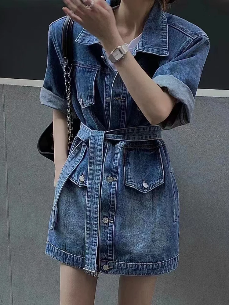 TWOTWINSTYLE Patchwork Button Denim Dresses For Women Lapel Long Sleeve High Waist Mini Solid Summer Dress Female Fashion 2023