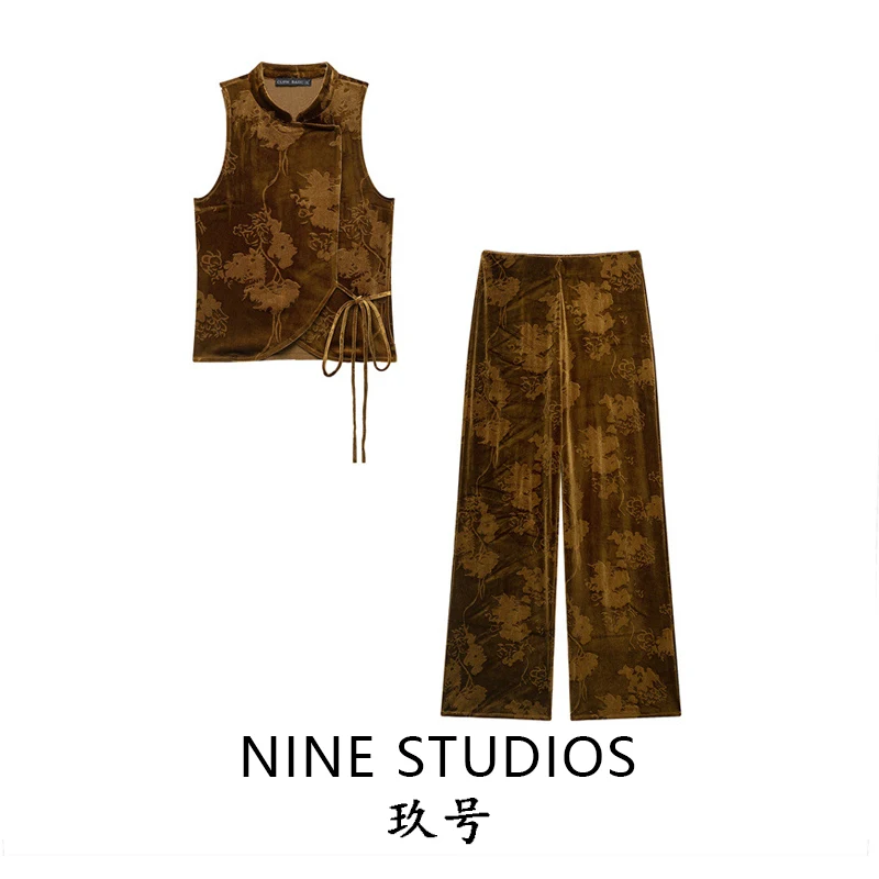 NINE ZAR Women's Fashion  Knot Decorated Top And Printed Pants Set Short Sleeve Vest Long Pants Floral Pattern